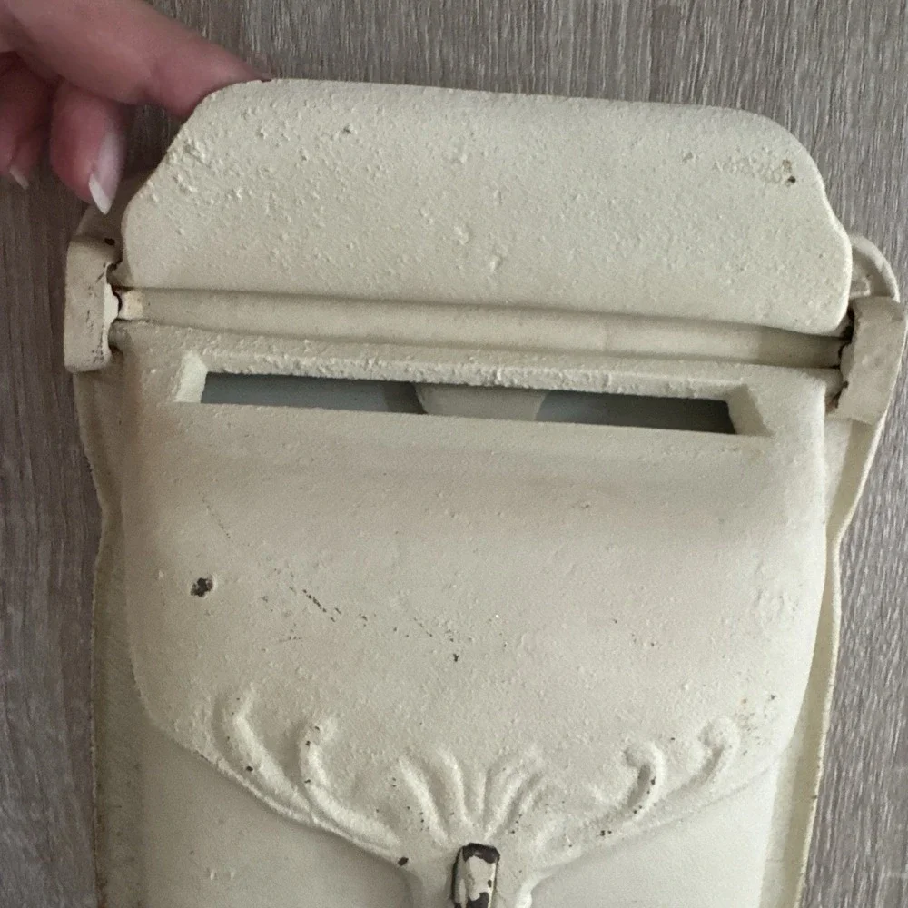 Vintage Cast Iron Wall Mount Mailbox Sunflower Embossed Cream Distressed Rustic